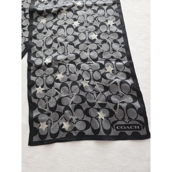 Coach Brand Narrow Scarf 10"x 60” 100% Silk Black Monogram C Logo Stars - Picture 2 of 6